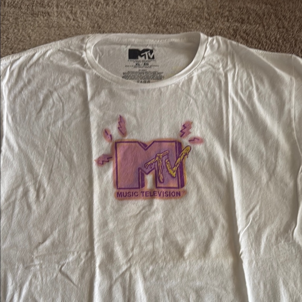 MTV White Tee with Purple and Gold Logo